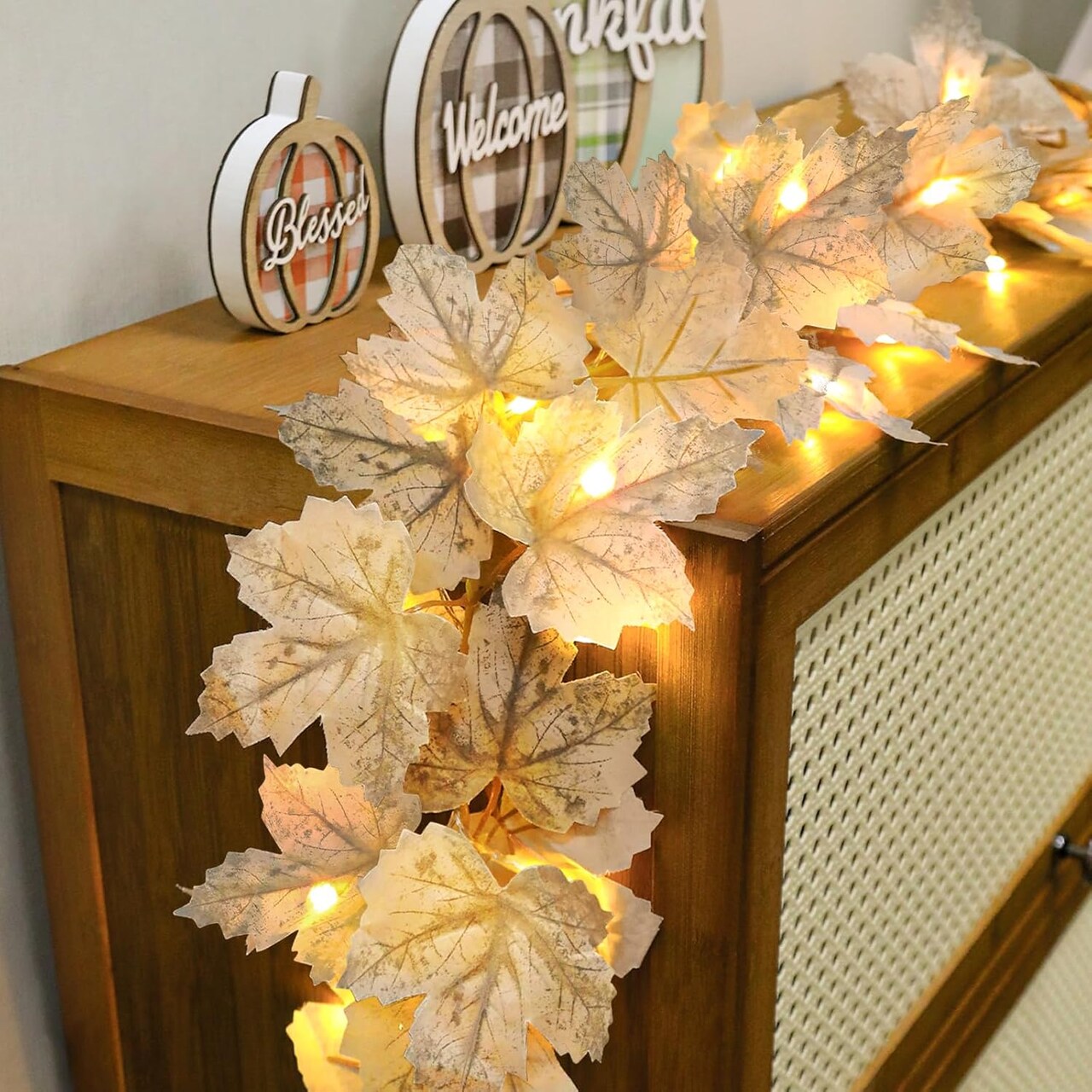 2 Pack Fall Decor Fall Garland with Lights Fall Decorations for Home, Lighted Maples Leaves Garland Total 13Ft 40LED Battery Operated Autumn Harvest Halloween Thanksgiving Decor Indoor Outdoor